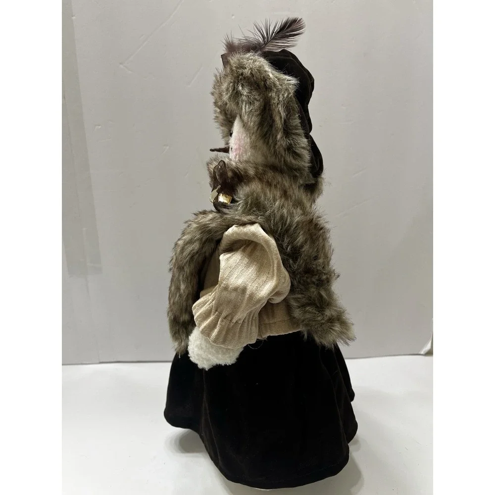 Christmas Decorative Snowwoman Plush Faux Fur Hat & Coat Brown Tan Feathers 16